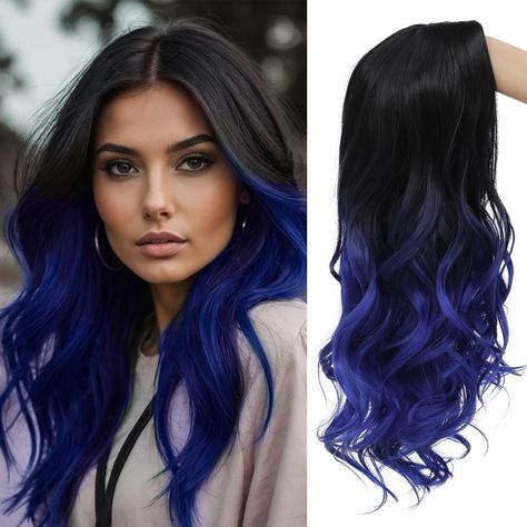 PRICES MAY VARY. 【Premium Material】Made of high quality synthetic heat resistant fiber, which enable the ombre long curly wavy wig long term use, look natural and touch soft,easy to comb,minimum shedding and tangling. 【Color】Ombre Blue. Color May Be Different Due to Displays and lights. 【Adjustable Size】about 21"-23".There are 2 adjustment straps and 2 combs inside the blue curly wavy wig,you can adjust the hook inside the cap to the correct size to suit your head. 【Daily & Cosplay Use】 This omb Black To Blue Ombre Hair, Sapphire Hair, Black To Blue Ombre, Blue Black Hair Color, Long Wavy Wig, Blue Ombre Hair, Blue Black Hair, Blue Wig, Wavy Wig