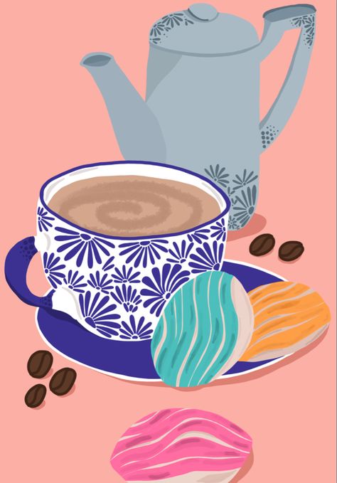 Illustration of a Talavera mug and  Mexican bread - concha. The most simple but delicious breakfast. ❤️ Mexican Food Art Painting, Mexican Coffee Aesthetic, Pan Dulce Painting, Pan Dulce Background, Conchas Mexicanas Art, Talavera Painting Canvas, Mexican Paintings Ideas, Pan Concha, Ceramics Pottery Mugs Mexican