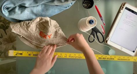 Make a DIY Bucket Hat From Old Jeans | Upstyle Diy Bucket Hat, Casual Black Jumpsuit, Jean Bucket Hat, Diy Elastic, Diy Bucket, Leather Wrap Belt, Bucket Hat Pattern, Diy Denim, Denim Bucket Hat