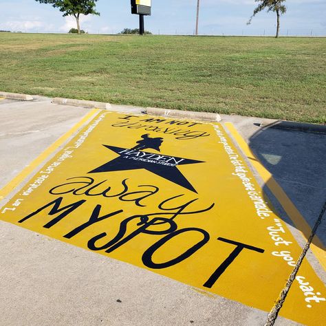 Parking lot design painted with Hamilton musical and breakfast club movie. Hamilton Parking Spot, Music Parking Spot Ideas, School Parking Spot Painting, Funny Parking Spot Painting Ideas, Kitschy Crafts, Parking Lot Design, Senior Spots, Parking Ideas, Parking Spot Ideas