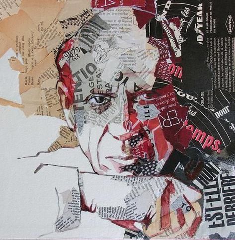 #mixedmediaart #mixed #media #art #newspaper Carme Magem, Collage Portraits, Typography Portrait, Newspaper Collage, Frida Art, Collage Portrait, Newspaper Art, Collage Art Projects, Paper Collage Art