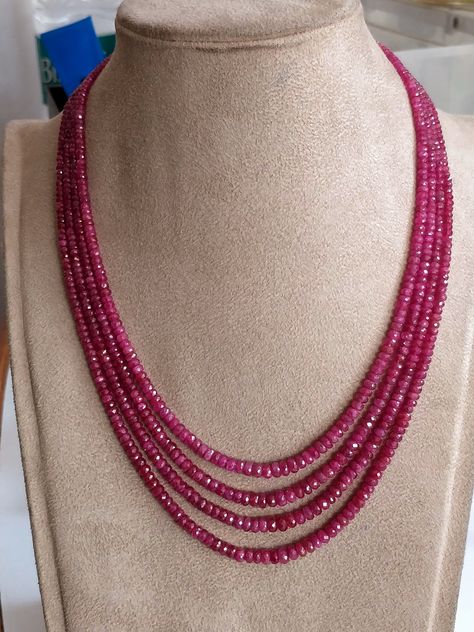 Genuine Ruby Gemstones 3 mm - 5 mm Round Faceted Beads 4 Strands Handmade Necklace Valentines Day Gift Ruby stones beaded Necklace Could be Perfect Gift for you Loves one on this Valentines day Ruby Gemstone Beaded Necklace (4 Strands) Glass Filled Ruby (Glass Filling In genuine Ruby) Excellent faceted Gems Natural :Natural Gemstones Origin : Africa Stone Weight : 285 carat Size : 3.00 - 5.00 mm beads (Mostly These are 3.00 - 4.50 mm) Strand Length : Approx 16.50 inches smallest Approx 18.50 inc Ruby Jewelry Necklaces Indian, Ruby Jewelry Necklaces, Red Stone Necklace, Sabyasachi Jewellery, Faceted Bead Necklace, Faceted Gems, Ruby Beads, Beaded Jewellery, Stone Beaded Necklace