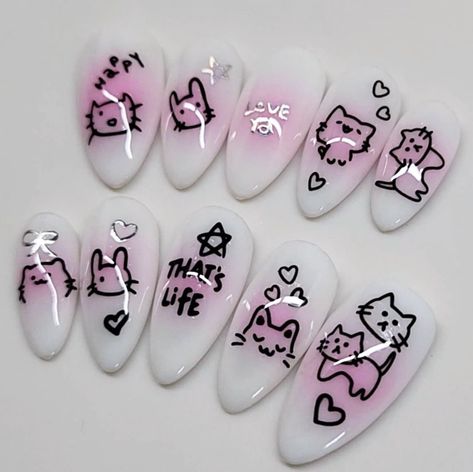 Txt Nails, Doodle Nails, 2 Bunnies, Paznokcie Hello Kitty, Fake Nails Designs, Punk Nails, Cute Simple Nails, Anime Nails, Cat Doodle