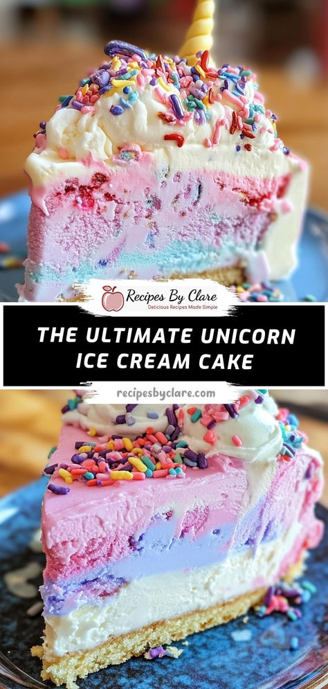 This vibrant Unicorn Ice Cream Cake is a magical treat, featuring layers of strawberry, mint chocolate chip, and blueberry ice cream, all topped with colorful whipped cream swirls, edible glitter, and sprinkles. Perfect for birthdays or any festive occasion!

Ingredients:

1 pint strawberry ice cream, softened
1 pint mint chocolate chip ice cream, softened
2 cups heavy whipping cream
Decorated with colorful whipped cream and edible glitter, this unicorn cake is a whimsical dessert! Space Ice Cream Cake, Cotton Candy Ice Cream Cake, Unicorn Ice Cream Cake, Frosting For Ice Cream Cake, Ice Cream Decorated Cake, Ice Cream Cake Frosting Recipe, Ice Cream Cake Frosting, Ice Cream Cake Icing, Ice Cream Cake Diy