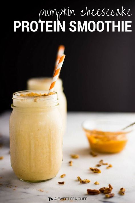 This quick and easy Pumpkin Cheesecake Protein Smoothie is like pumpkin cheesecake in a healthy protein shake! Healthy Protein Shake, Pumpkin Pie Protein Smoothie, Pumpkin Smoothie Recipe, Healthy Protein Smoothies, Pumpkin Pie Protein, Free Smoothie Recipes, Pumpkin Spice Smoothie, Healthy Pumpkin Pies, Pumpkin Pie Smoothie