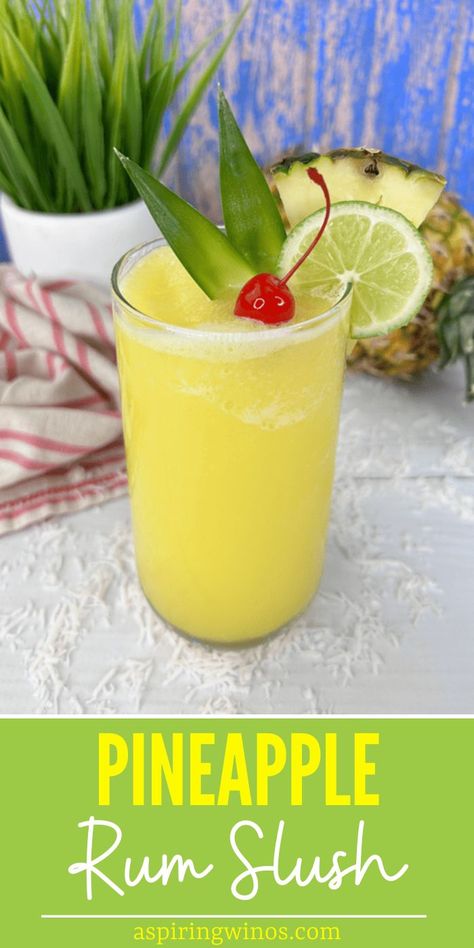 Pineapple Rum Slush | Tropical Drink Ideas | Rum Infused Cocktails | Rum and Pineapple Drink Ideas | Summertime Drinks | Pineapple Cocktails #PineappleRumSlush #RumSlush #PineappleCocktail #RumCocktail #Slushy #SummerDrinks #CocktailRecipe Rum Slush Recipe, Pineapple Rum Slush, Pineapple Cocktails, Infused Cocktails, Pineapple Drink, Wine Cocktail Recipes, Blog Success, Creative Cocktails, Pineapple Cocktail