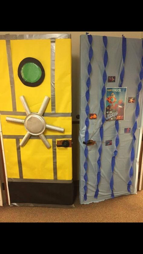 Vbs submarine door decor Inside Submarine Decorations, Vbs Ocean Theme, Submerged Vbs, Ocean Vbs, Summer School Crafts, Scuba Vbs, Vacation Bible School Themes, Under The Sea Decorations, Children Church