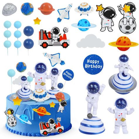 PRICES MAY VARY. Package Include: You will receive total of 26 PCS astronaut cake toppers, including 3 PCS different astronaut figurines, 5 PCS resin cake ornaments, 10 PCS outer space cake toppers, and 8 PCS blue foam balls. Sufficient quantities and various styles can meet your different cake decoration needs. Space Theme Design: This space birthday cake decorations contain an array of space elements, including astronauts, rockets, earth, planets, stars and more. These designs are sure to attr Space Birthday Party Cake, Astronaut Figurines, Space Cake Topper, Astronaut Cake, Outer Space Birthday Party, Planet Cake, Space Cake, Astronaut Party, Astronaut Birthday