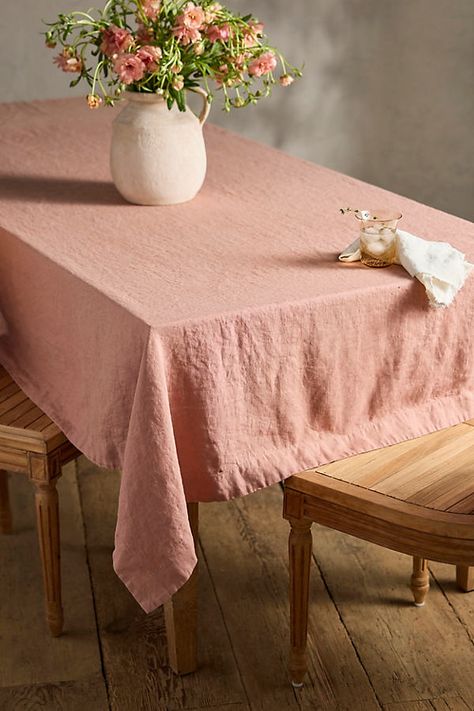 Handmade from soft Lithuanian linen with a rustic handfeel, this solid tablecloth is ideal for formal and casual tables alike. | Lithuanian Linen Tablecloth in Orange at Terrain Earthy Pink, Dining Tablecloth, Wedding Tablecloths, Table Sizes, Pink Linen, Fine Linen, Breath Of Fresh Air, Organic Linens, Gray Linen