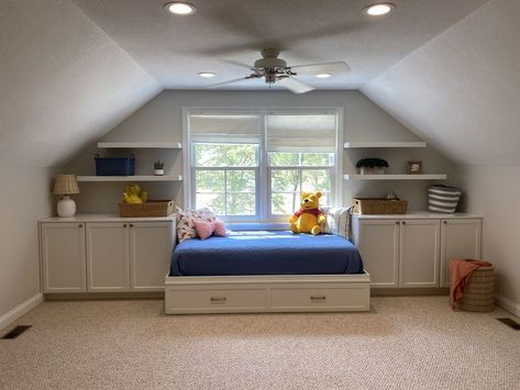 Playroom With Trundle Bed, Bed Under Window With Built Ins, Daybed Bonus Room, Built In Window Bed, Window Day Beds, Built In Around Window Bedrooms, Bonus Room Built In Beds, Bonus Room Window Seat, Bed In Dormer Window Built Ins