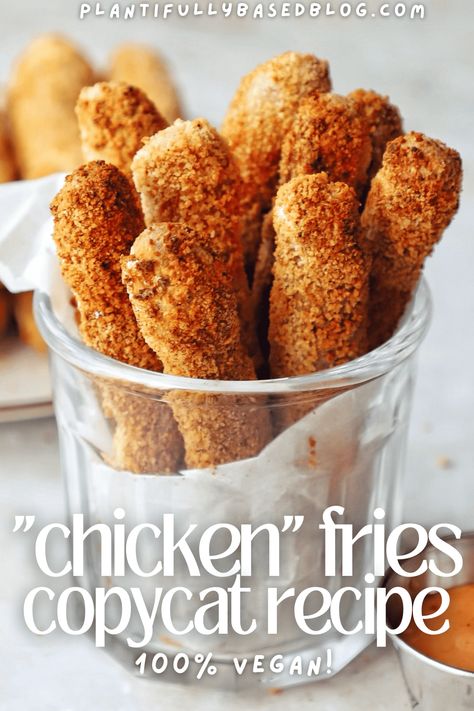 Delicious Homemade Vegan Chicken Fries - Plantifully Based Tofu Fries, Vegan Kfc, Air Fried Tofu, Tofu Chicken, Vegan Appetizers Recipes, Chicken Fries, Vegan Fried Chicken, Gluten Free Bread Crumbs, Vegan Chicken