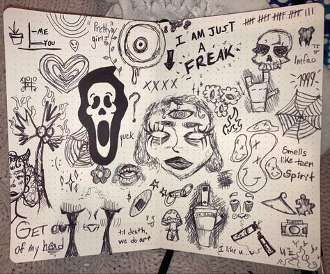 Sketchbook Ideas Grunge Easy, Dark Doodles Simple, Grunge Notebook Ideas, Grudge Sketches Doodles, Grunge Doodles Journals, Dark Doodles, Vent Journal, Grunge Doodles, Note Book Doodles Grunge