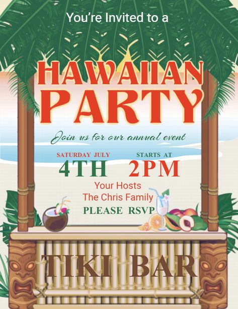 Hawaiian party invitation flyer poster template. Hawaiian Theme Invitation Template, Greek Theme, Hawaiian Beach Party, Tropical Theme Party, Hawaiian Party Theme, Luau Theme Party, Party Flyer Template, Party Flyers, Luau Theme