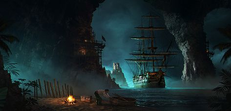 Pirate Cove on Behance Pirate Cove, Pirate Ship Art, Kaptan Jack Sparrow, Old Sailing Ships, Pirates Cove, Pirate Art, Ghost Ship, Ship Paintings, Pirate Life