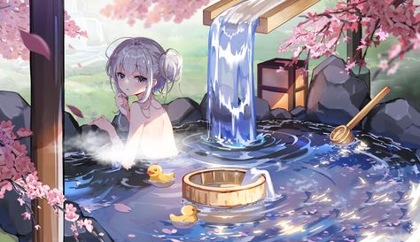 Hot Spring Drawing Reference, Hot Spring Drawing, Hot Spring Anime, Hot Springs Anime, Anime Apartment, Spring Drawing, Background Anime, Spring Illustration, Spring Scene