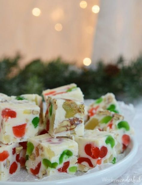 Fruitcake Fudge Recipe: Candied fruit, pecans, and rum extract make these jeweled bites melt-in-your-mouth amazing (and when was the last time you used "amazing" when talking about fruitcake?). White Fruit Cake, Best Fruitcake, White Chocolate Fudge Recipes, Christmas Desserts Cakes, Fruit Cake Recipe Christmas, Fruit Cake Recipes, Chocolate Fudge Recipe, White Chocolate Fudge, Fudge Recipes Chocolate