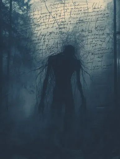 ↑↑↑ Larger size on website 🔸 The image is a dark and eerie depiction of a shadowy figure standing in a misty forest. The figure i Creepy Figure In The Dark, Scary Forest Art, Shadow Figures Creepy, Shadowy Figures, Ominous Forest, Creepy Woods Dark Forest, Creepy Misty Forest, Journal Entry, Misty Forest