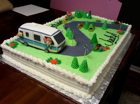 Retirement full sheet cake with rice crispy treat RV and modeling chocolate trees Caravan Cake, Camper Cakes, Retirement Party Cakes, Full Sheet Cake, Rice Crispy Treat, Cake Design For Men, Camping Cakes, Cookie Recipes Decorating, Travel Cake