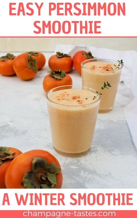 This quick and easy persimmon smoothie is made with gorgeous persimmons, milk kefir, almonds, and a dash of maple syrup.  It's perfect for breakfast, as a post-workout drink, or even a light dessert! Easy Winter Drinks, Persimmon Smoothie, Winter Smoothies, Persimmon Recipes, Persimmon Fruit, Light Dessert, Veggie Smoothies, Winter Drink, Health Drinks