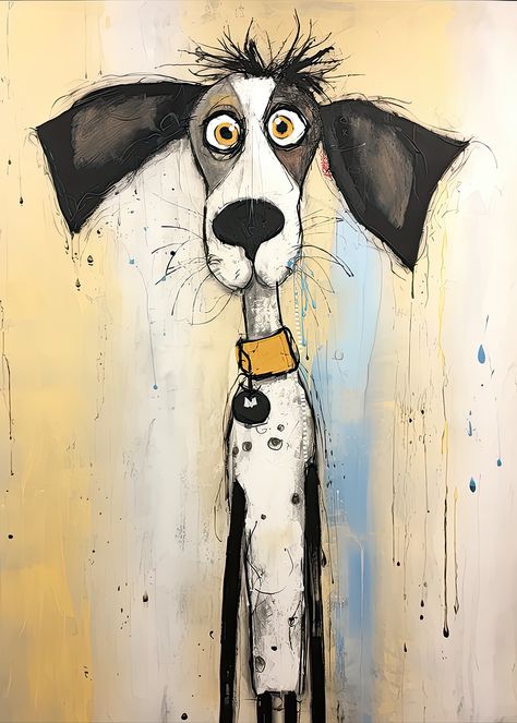 Whimsical Dog Paintings, Funny Dog Drawings, Whimsy Art, Whimsical Art Paintings, Dog Pop Art, Happy Paintings, Dog Drawing, Dog Paintings, Cute Dog