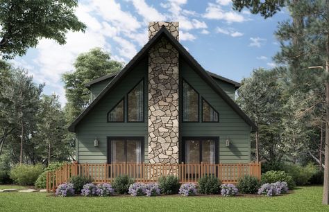 Rambler - Modular Cape Floor Plans — Signature Building Systems A Frame House Landscaping, 24x32 Cabin, Simple Cabin Floor Plans, Rustic Cottage Exterior, Lakehouse Floor Plans, Chalet House Plans, Chalet Style Homes, Small Lake Houses, Modular Floor Plans