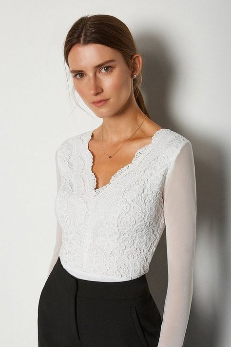 Long Sleeve Lace Bodysuit | Karen Millen Wedding Skirt Top, Long Sleeve Lace Bodysuit, Bridal Bodysuit, Waterfall Dress, Long Sleeve Lace Top, White Lace Bodysuit, Denim Jumpsuits, Ladies Clothes Fashion, Full Skirt Dress