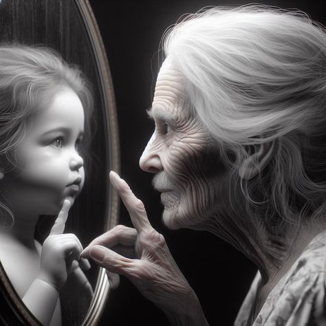 427. PROMPT: A hyper-realistic old woman looking into a mirror, she sees the re… – AisRafa Old Lady Looking In Mirror, Old Woman Looking In Mirror, Person Looking In Mirror Reference, Mirror Reflection Art, Looking In Mirror Reference, Woman Looking In Mirror, Woman In The Mirror, Decay Art, Photography Concepts