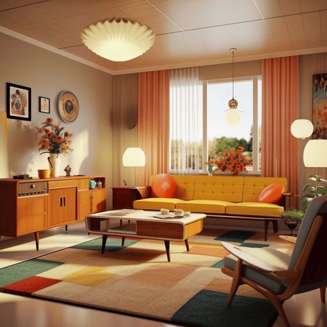 Atomic Living Room, 60s Interior Design 1960s Living Rooms, 60s Furniture 1960s Interior Design, 1960s Home Aesthetic, 60s Decor Home, 1950s Aesthetic Home, 1950 Interior Design, Modern Retro Interior, 1950s House Interior