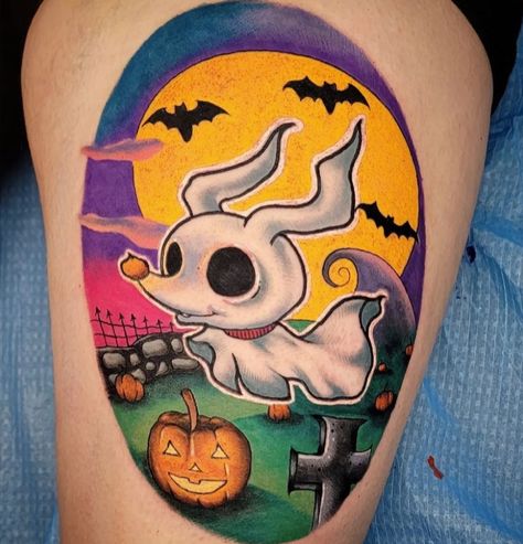 Zero Dog Tattoo, Zero Tattoo, Nightmare Before Christmas Dog, Zero Dog, Sarah Tattoo, Voodoo Doll Tattoo, Christmas Tattoos, Jack Skellington Tattoo, Nightmare Before Christmas Tattoo