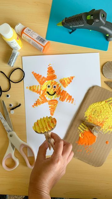 Two to Love - DIY Learning | Sensory | Crafts for Kids on Instagram: "☀️Here comes the sun Today is the official first day of Summer and we celebrated by making this super cute and happy sun craft! It’s low prep and easy to make! I cut out DIY sun stamps from cardboard and hot glued clothespins on them. Then I set out some paint (yellow and orange) and let my little ones get creative. They had an amazing time and were so proud of their work! The cute faces they made are so adorable for me!! Sun Craft, Happy First Day Of Summer, Sun Crafts, Sensory Crafts, Sensory Art, Sun Painting, Happy Sun, Summer Crafts For Kids, First Day Of Summer