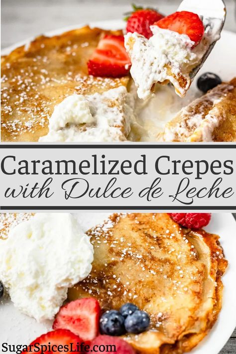 Crepes filled with Dulce de Leche then caramelized to be perfectly crisp. These Caramelized Dulce de Leche Crepes will take your home dessert-game to the next level. Try them for a special breakfast buffet too! #breakfastideas #brunchrecipes #crepes Griddle Scones, Crepe Dessert, Caramel Fruit, Crepe Ingredients, Beef And Vegetables, Crepes Filling, Hp Sauce, Crepes Recipe, Breakfast Crepes