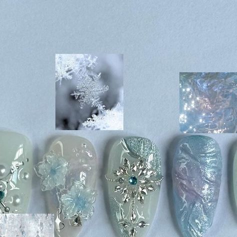 Press On Nails on Instagram: "⋆꙳•̩̩͙❅*̩̩͙‧͙Crystal Frost࿐ ࿔*:･❄️
.
.
.
Top thumb & bottom middle finger designed by @oaklestudio

#nailsnailsnails #icynails #frostnails #pressonnails #instagram #viral #beauty #recommend #lacenails #aesthetic" Frost Nails, Ongles Design, Snow Nails, Lace Nails, Fingers Design, Nails Designs, Press On Nails, Nail Designs, Nails