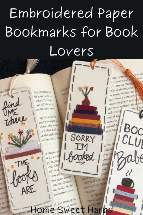 embroidered paper bookmarks for book lovers - PIN Cricut Crafts For Book Lovers, Diy Embroidery Bookmark, Custom Bookmarks Diy, Diy For Book Lovers, Hand Embroidery Bookmark, Diy Laminated Bookmarks, Book Themed Bookmarks, Diy Bookmark Ideas Creative, Diy Bookish Crafts