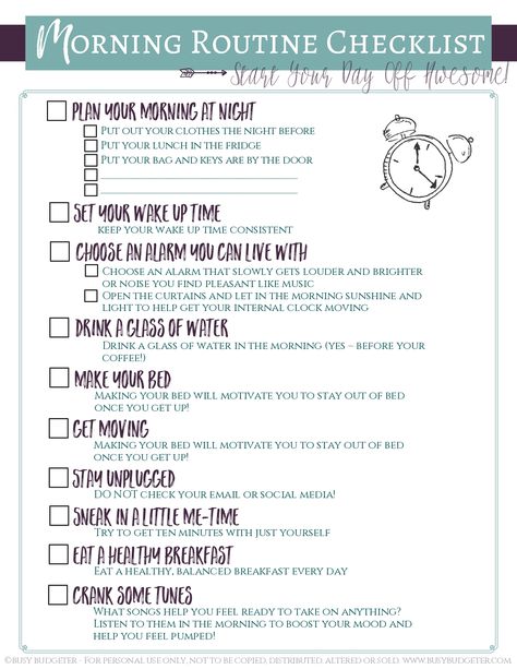 Start the Day Awesome: Morning Routine Checklist (For Adults!) | Busy Budgeter Daily Routine Checklist For Adults, Daily Checklist For Adults, Daily Routine Schedule For Christians, Daily Routine Schedule Christian, Morning Routine Checklist For Women, 5 Am Morning Routine List, Daily Schedule For Adults, Productive Morning Routine Checklist, Christian Daily Routine