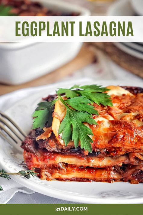 This Eggplant Lasagna recipe is a warm and cozy vegetarian dinner with layers of eggplant, tomato, savory spinach, creamy ricotta, and no-boil noodles. Easy to make, perfect for making ahead, it’s a comfort food that will delight your guests and family! Follow for more vegetarian recipes! Lasagna With No Boil Noodles, Eggplant Lasagna Vegetarian, Eggplant Lasagna Recipe, Noodles Dinner, Meatless Pasta, Easy Eggplant, Vegetarian Lasagna Recipe, Noodle Dinner, Potassium Foods