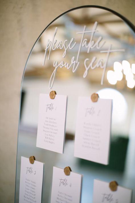 Katie & Tyler’s Wedding Details | please take a seat mirror decal guest list | daniellepearcephotography.com Take Your Seat Wedding Mirror, Find Your Seat Wedding Ideas Mirror, Mirror Wedding Guest List, Mirror Wedding Seating Plan, Wedding Guest List Mirror, Guest List Mirror, Your Seat Awaits Sign, Find Your Seat Wedding Ideas Diy, Wedding Seating Plan Mirror