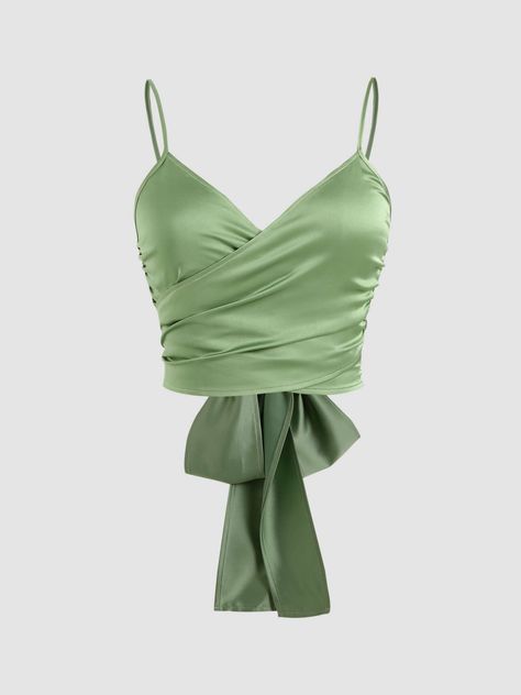 Solid Cross Wrap Front Tie Back Tank Top - Cider Tie Back Tank Top, Cider Tops, Solid Tank Tops, Halter Tank Top, Ruched Skirt, Crop Tank Top, Green Top, Straight Leg Trousers, Green Tops