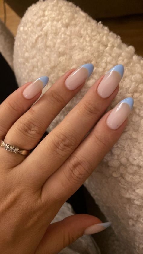 Blue French Oval Nails, Blueberry Milk Nails French, Royal Blue And White Nails Almond, Nail Ideas Almond Blue, Light Blue French Tips Almond, Light Blue French Manicure, French Nails Blue Tips, Nails Inspiration Light Blue, Dusty Blue French Tip Nails