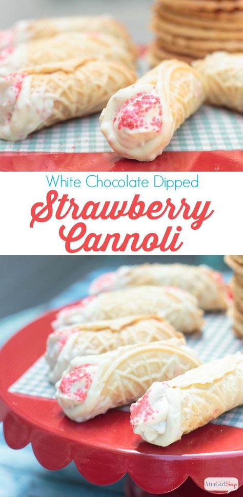 White Chocolate Dipped Cannoli with a Strawberry Cream Filling via Atta Girl Says >> #WorldMarket Dessert Recipes Easy Cannoli Recipe, Ricotta Strawberry, Strawberry Cannoli, Cannoli Recipe Easy, Cannoli Dessert, Strawberry Cream Filling, Baked Shells, Chocolate Cannoli, Easy Cannoli