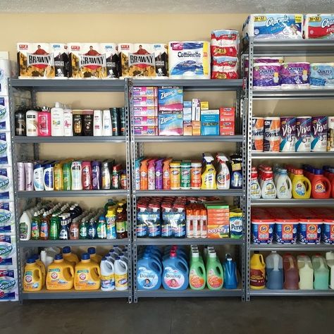 Cleaning Supplies Stock Pile, Extreme Couponing Stockpile Storage, Stockpile Room, Coupon Stockpile Organization, Stock Pile Organization, Couponing Stockpile, Extreme Couponing Stockpile, Garage Store, Pantry Closet Design