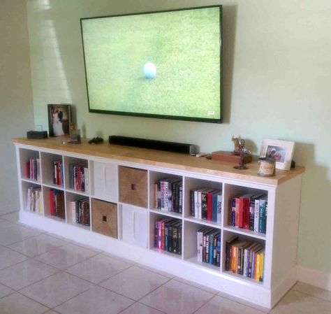 Built-in EXPEDIT entertainment center | IKEA Hackers Expedit Ikea, Ikea Hack Bookcase, Ikea Entertainment Center, Zona Tv, Hackers Ikea, Ideas Salon, Tv Ideas, Built In Entertainment Center, Ikea Expedit