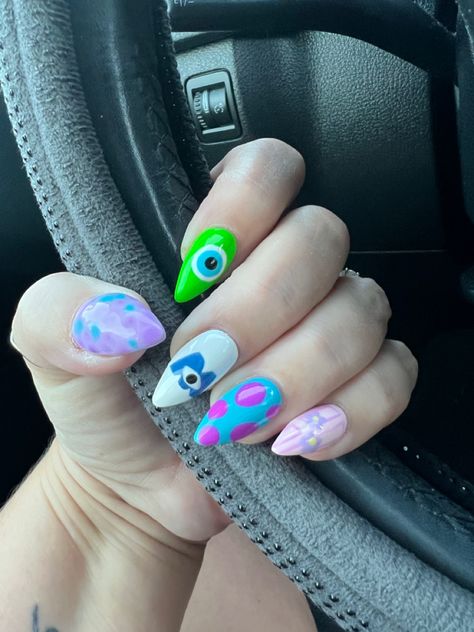 Disney Nails for a Year Monsters Inc Nail Art, Monster Inc Nails, Disney Inspired Nails, Monster S, Mike And Sully, Girly Acrylic, Monster Inc, Girly Acrylic Nails, Inspired Nails