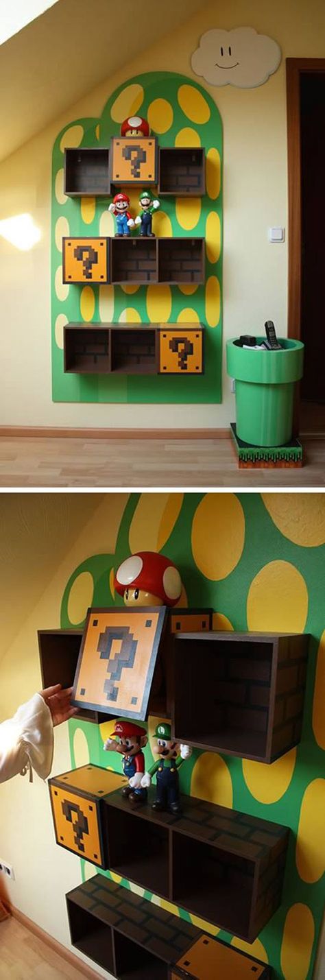 15 Gorgeously Geeky Pieces of Furniture That Will Inspire Your Inner Nerd Gamer Rum, Sala Nerd, Geek Furniture, Nintendo Room, Super Mario Room, Geek Home Decor, Mario Room, Nerd Room, Geek Decor