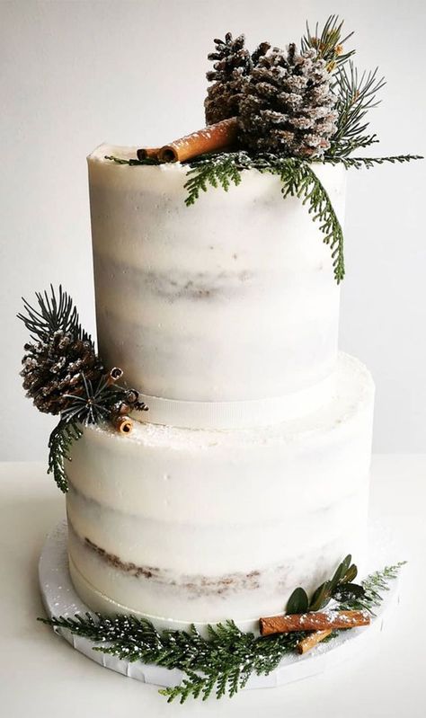 Two Tier Winter Wedding Cake, Pine Cone Cake Decoration, Winter Birthday Decoration Ideas, Birthday Cake Winter Theme, Christmas 2 Tier Cake, Winter Shower Food Ideas, Winter Cake Decor, Holiday Wedding Cake, Winter Wonderland Dessert Ideas