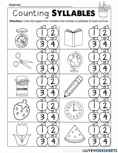 Syllables Kindergarten, Nouns Worksheet Kindergarten, Syllable Activities, Children Worksheets, Worksheets For 1st Grade, Counting Syllables, 1st Grade Reading Worksheets, Syllables Activities, First Grade Math Worksheets