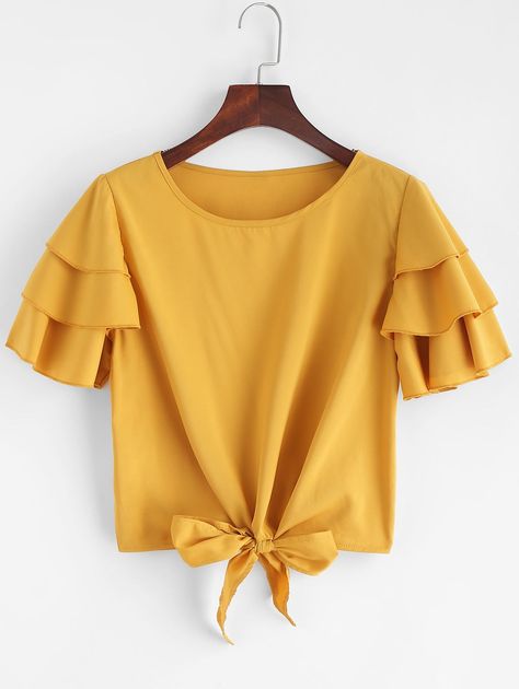 Layered Ruffles Tie Blouse  YELLOW , #affiliate, #Ruffles, #Layered, #Tie, #YELLOW, #Blouse #Ad Baghdad Sharif, Hijab Stile, Frill Blouse, Fashion Tops Blouse, Cute Blouses, Tie Blouse, Embroidered Jeans, Mode Hijab, Women Shirts Blouse