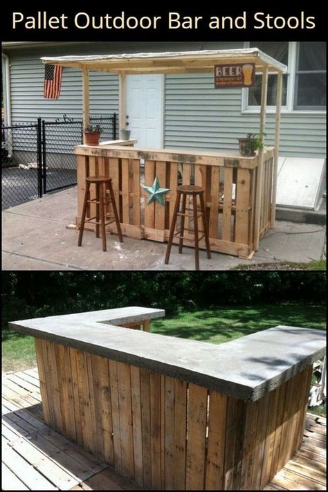 Bar Diy Outdoor, Palet Bar, Diy Pallet Outdoor, Pallet Furniture Bar, Pallet Bar Plans, Wooden Pallet Bar, Apartment Flowers, Outdoor Tiki Bar, Pallet Bar Diy