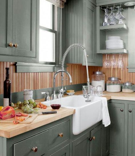 Love this cabinet color!! Benjamin Moore's Mohegan Sage Beadboard Kitchen, Sage Green Kitchen, Beadboard Backsplash, Country Kitchen Designs, Green Kitchen Cabinets, Kitchen Paint Colors, Green Cabinets, Chic Kitchen, Kitchen Color