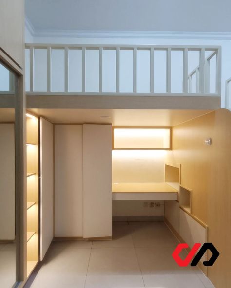 Please Slide ----> Double Mezzanine Bed Ibu N Lokasi : Jakarta Selatan Space kamar 600x291x350 Rangka holo Galvanis Cover Plywood finishing HPL #mezzanine #mezzaninebedroom #mezzaninebed #kamaranak #bedroomset #mezzaninedesign #loftbed Mezzanine Design, Mezzanine Bed, Jakarta, Plywood, Bed