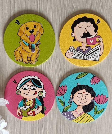 Quirky colorful coasters ! #handpainted #coasters #teacoasters #colorful #quirk #handmadecoasters #handmadeart #homedecor #homedecorindia #handmadewithlove #tohfafactory Handpainted Coasters Ideas, Circular Canvas Painting, Coaster Painting, Handpainted Coasters, Colorful Coasters, Diy Embroidery Art, Hand Painted Coasters, Circular Canvas, Mdf Painting